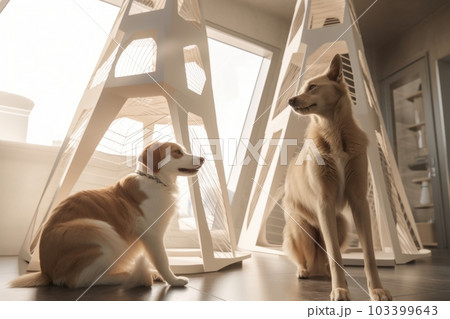 dog and cat architects working together to design high-rise buildings with futuristic designs, created with generative ai 103399643