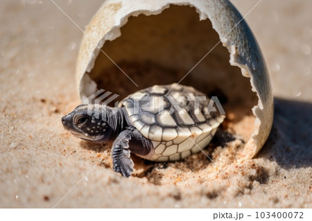 sea turtle hatchling leaving eggshell behind and emerging into the world, created with generative ai 103400072
