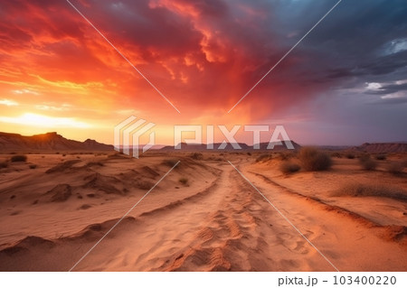 Desert With Dramatic Sunset, The Sky Ablaze...のイラスト素材 [103400220] - PIXTA