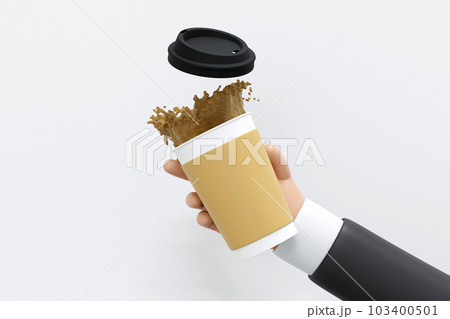 Hand holding paper coffee cup with blank labels, mock up, 3D rendering. Hand holding paper coffee cup with blank labels, mock up, 3D rendering. 103400501