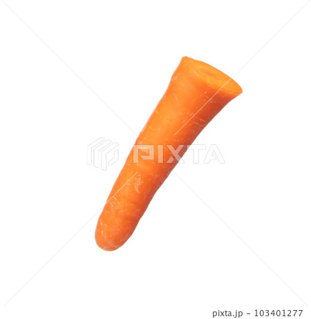 Carrot fresh full length fly in air. Beta Carotene orange color in Carrot is good health. Natural raw surface of carrot with root. White background isolated, high speed shutter 103401277