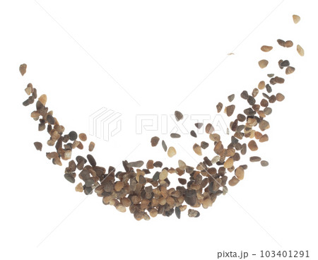 Fish Tank decorative Rock stone gravel fly explosion fall, brown stone rock explode abstract cloud fly, splash in air for ground floor. White background isolated high speed shutter freeze shot 103401291