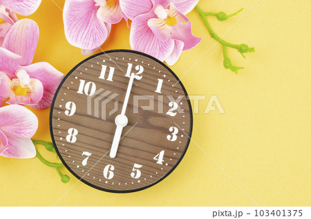 The Wooden clock and pink streaked orchid flower on yellow background. The Wooden clock and pink streaked orchid flower on yellow background. 103401375