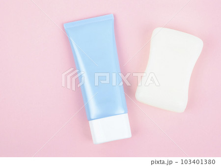 op view blue squeeze bottle plastic tube and herb soap bar for branding of medicine or cosmetics. op view blue squeeze bottle plastic tube and herb soap bar for branding of medicine or cosmetics. 103401380