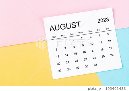 The August 2023 Monthly calendar on colorful background. 103401428
