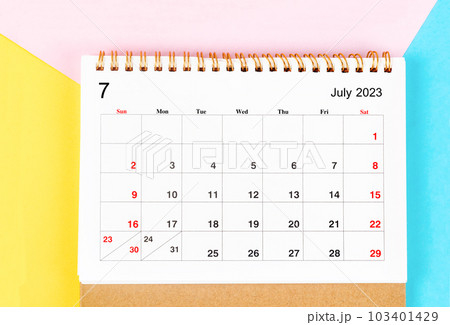 The July 2023 Monthly desk calendar for 2023 year on beautiful background. 103401429