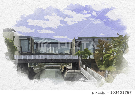 作者不明 函館の風景 水彩画