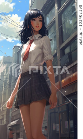 街の中で遠くを見つめる女子高生 103402198