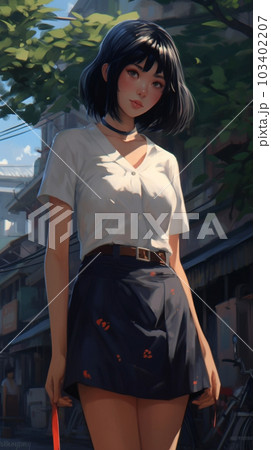 白いシャツとミニスカートで街を歩く若い女性 白いシャツとミニスカートで街を歩く若い女性 103402207