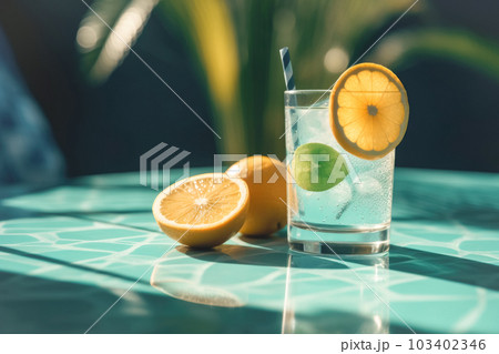 Tropical exotic cocktail in beautiful glass with ice, background of tropical leaves of green plants. Summer drinks, beach holiday 103402346