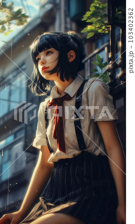 街中で座って遠くを見つめる若い女性 103402362