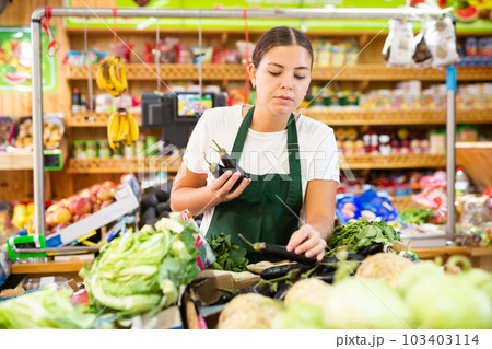 Portrait of a young saleswoman working in a vegetable store Portrait of a young saleswoman working in a vegetable store 103403114