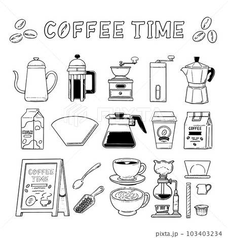 モノクロ　手描きのコーヒー器具のイラストセット 103403234