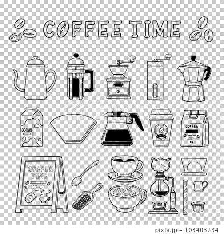 モノクロ　手描きのコーヒー器具のイラストセット 103403234