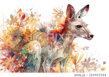Watercolor painting of a kangaroo with colorful tropical flowers. Wildlife Animals. Illustration, generative AI. Watercolor painting of a kangaroo with colorful tropical flowers. Wildlife Animals. Illustration, generative AI. 103403564