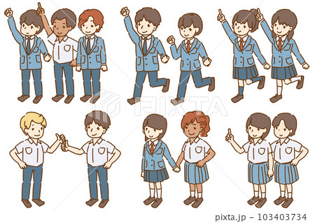 友達と一緒 日本の学生服をきた学生たち ベクターイラストセット 103403734