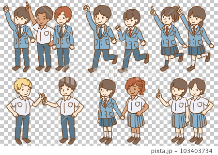 友達と一緒 日本の学生服をきた学生たち ベクターイラストセット 103403734