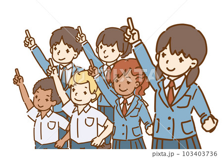女子学生を先頭に 様々なルーツの学生が団結して目標に向かうイメージ 「みんなで頑張ろう」 103403736