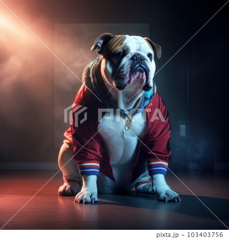 Studio portrait of a lovable bulldog in a red hoodie, with cute expression and wrinkled fur. Domestic animal and fashion photography. AI Generative. Studio portrait of a lovable bulldog in a red hoodie, with cute expression and wrinkled fur. Domestic animal and fashion photography. AI Generative. 103403756