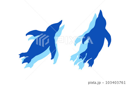 泳ぐ2羽のペンギンの青色シルエットイラスト（影付き）のイラスト素材