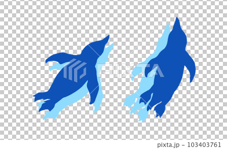 泳ぐ2羽のペンギンの青色シルエットイラスト（影付き）のイラスト素材