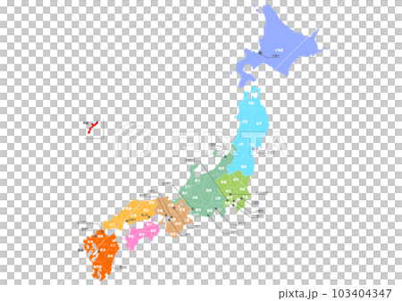 県名と政令指定都市を漢字で記載したカラフルな日本地図のイラスト 103404347