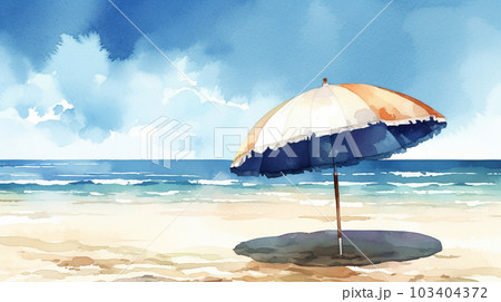 夏の海とビーチパラソルの水彩イラスト AI画像のイラスト素材