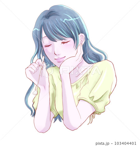 スプーンを持ち頬杖をつく幸せそうにのんびりする女の子 103404401