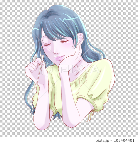 スプーンを持ち頬杖をつく幸せそうにのんびりする女の子 103404401