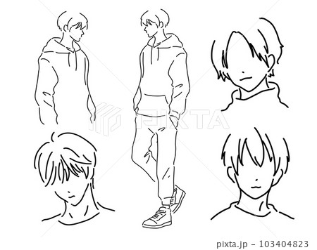 かっこいい男性のシンプルな線画セット／手描きイラスト素材のイラスト