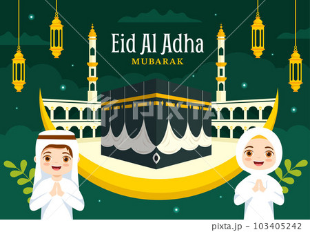 Happy Eid Al Adha Mubarak Vector Illustration of Kids Muslims Celebration with Sacrificial Animals Goat and Cow in Cartoon Hand Drawn Templates 103405242
