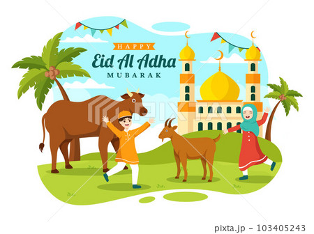 Happy Eid Al Adha Mubarak Vector Illustration of Kids Muslims Celebration with Sacrificial Animals Goat and Cow in Cartoon Hand Drawn Templates 103405243