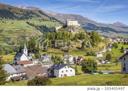 Idyllic landscape of Scuol Tarasp village, Engadine, Swiss Alps, Switzerland 103405497