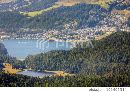 Above St Moritz lake with sailboats from Muottas Muragl, Graubunden, Switzerland Above St Moritz lake with sailboats from Muottas Muragl, Graubunden, Switzerland 103405514