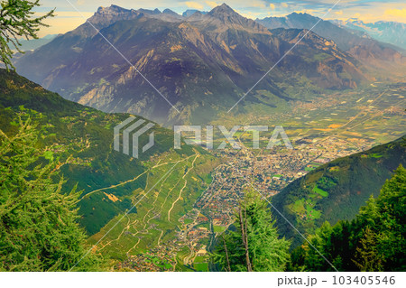 View of Martigny valley from above tour du Mont Blanc, Swiss Alps 103405546