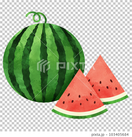 Watercolor illustration of large ball and watermelon cut into triangles 103405684