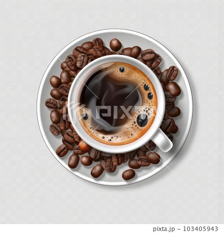 Start your day right with a cup of freshly brewed coffee with coffee beans on the side. Isolated on white background. This image is AI Generative. 103405943