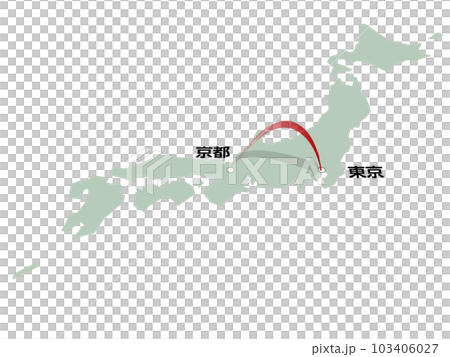 日本地圖，帶有從京都到東京的三維箭頭矢量圖 103406027
