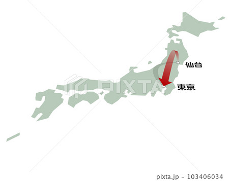 仙台から東京へ向かう立体的な矢印の日本地図　ベクターイラストレーション 103406034