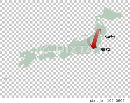 仙台から東京へ向かう立体的な矢印の日本地図　ベクターイラストレーション 103406034