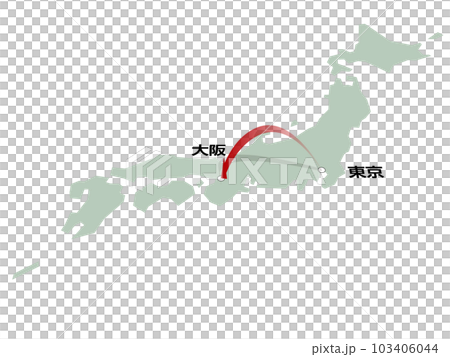 東京から大阪へ向かう立体的な矢印の日本地図　ベクターイラストレーション 103406044