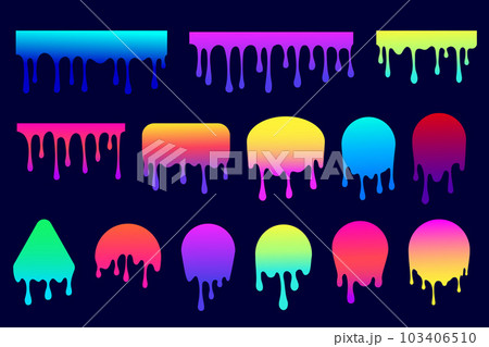 Melted drips shapes. Drop flow of neon gradient liquid. Sauce chocolate ink splashes. Bright vector illustration 103406510