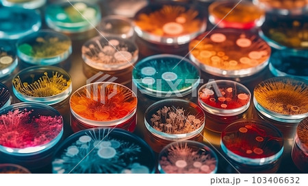 Multicolor bacteria and virus cells in petri dish at scientific laboratory. Mold culture PDA agar. Experimental for biochemistry, Biotechnology, Biology science laboratory. Generative AI Multicolor bacteria and virus cells in petri dish at scientific laboratory. Mold culture PDA agar. Experimental for biochemistry, Biotechnology, Biology science laboratory. Generative AI 103406632