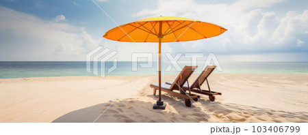The perfect spot to unwind and relax - a white sand beach with beach chairs and an umbrella, surrounded by a serene ocean and blue sky. Perfect for tropical vacation concepts. AI Generative. 103406799