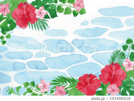ハイビスカスと海　背景イラストA4横　透明水彩 103406816