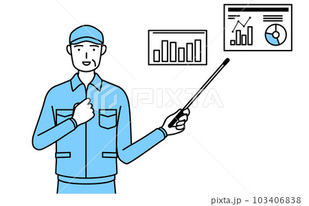 業績グラフを分析するす帽子と作業着姿のシニア男性（経営者、管理職、上司） 103406838