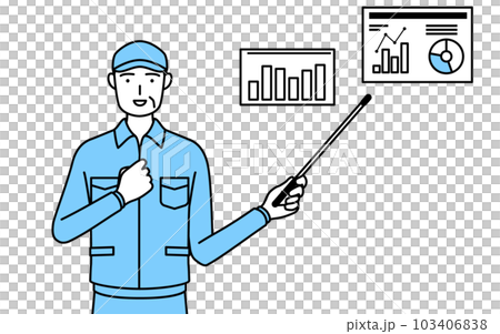 業績グラフを分析するす帽子と作業着姿のシニア男性（経営者、管理職、上司） 103406838