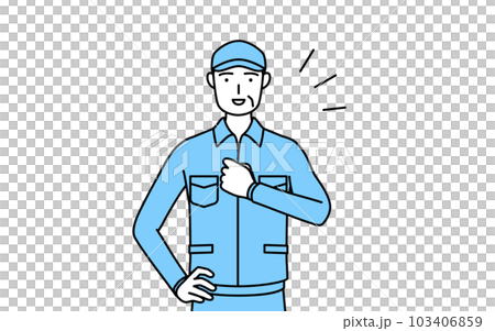 胸を叩く帽子と作業着姿のシニア男性(経営者、管理職、上司) 胸を叩く帽子と作業着姿のシニア男性(経営者、管理職、上司) 103406859