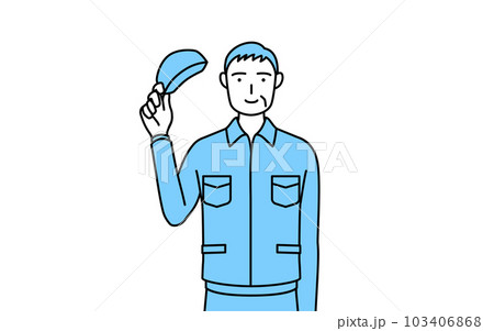 脱帽して挨拶をする帽子と作業着姿のシニア男性(経営者、管理職、上司) 脱帽して挨拶をする帽子と作業着姿のシニア男性(経営者、管理職、上司) 103406868