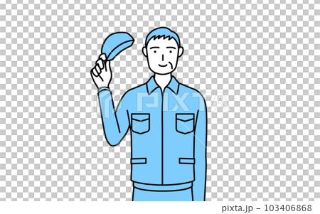 脱帽して挨拶をする帽子と作業着姿のシニア男性(経営者、管理職、上司) 脱帽して挨拶をする帽子と作業着姿のシニア男性(経営者、管理職、上司) 103406868